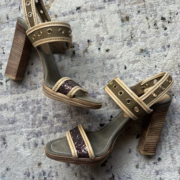 Y2K MIU MIU Double Buckle, Leather & Glitter, Olive Canvas Heels - Picture 11 of 16